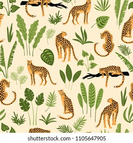 Vector seamless pattern with leopards and tropical leaves. Trendy style.