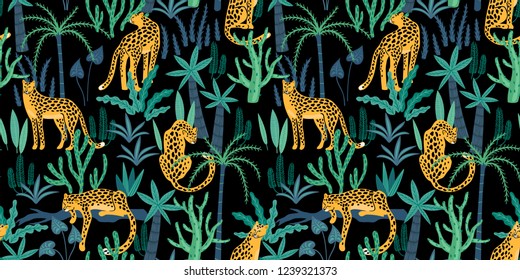 Padrão vetor sem costura com leopardos e folhas tropicais. Estilo moderno.