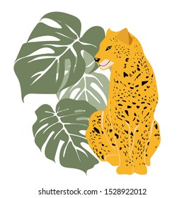 Vector seamless pattern with leopards and tropical leaves. Trendy style.