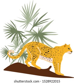 Vector seamless pattern with leopards and tropical leaves. Trendy style.