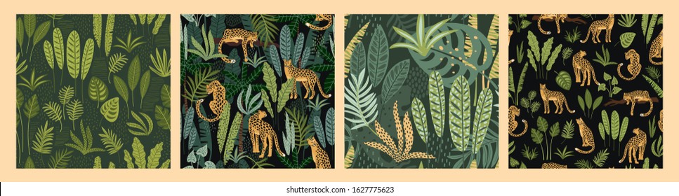 Vector seamless pattern with leopards and tropical leaves. Trendy style.