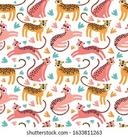 Vector seamless pattern with leopards and tropical leaves. Flat vector. Wild animals in the jungle. Design for printing on fabric, packaging, printing, card, wallpapers, web page background