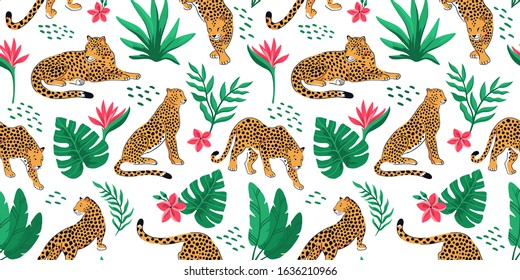 Vector seamless pattern with leopards and tropical leaves on the white background. Trendy design for paper, cover, fabric, and others.