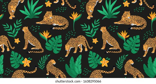 Vector seamless pattern with leopards and tropical leaves on the black background. Trendy design for paper, cover, fabric, and others.