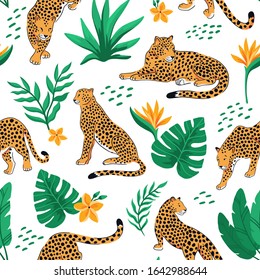 Vector seamless pattern with leopards and tropical leaves and flowers on the white background.