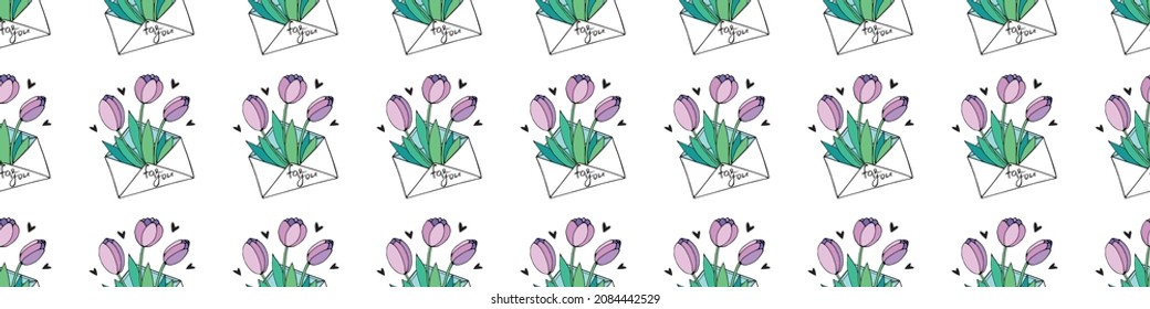 Vector seamless pattern with letter, flowers tulips, hearts. Hand drawn texture, background for wrapping paper, textile, greeting card, Valentine's Day.