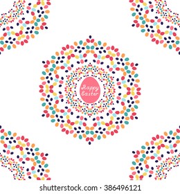 Vector seamless pattern with lettering Happy Easter and mandala shape. Perfect texture for your easter printing and textile design, paper, fabric, book cover, web and magazine pages background.