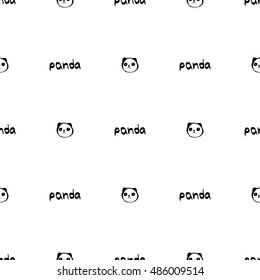 Vector seamless pattern of lettering word "panda" and funny cartoon sketch illustration of panda face