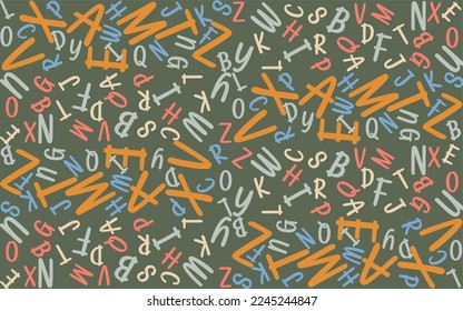 Vektornahtloses Muster mit Buchstaben des Alphabets. Geeignet für Web-Hintergründe, Textilien, Kleidung, Verpackungspapier, Seiten, Deckel und andere.
