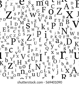 Vector seamless pattern with letters of the alphabet in random order on a white background. Suitable for web backgrounds, textiles and wrapping paper.