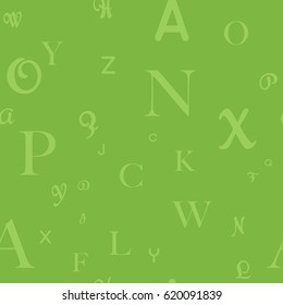 Vector seamless pattern with letters of the alphabet in random order on a green background.