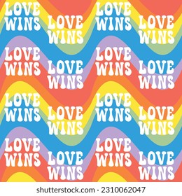 Vector seamless pattern of lgbt groovy love wins lettering isolated on rainbow background