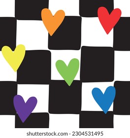 Vector seamless pattern of lgbt hearts isolated on checkered chessboard background