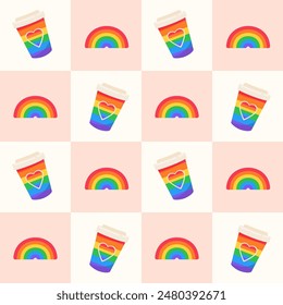 Vector seamless pattern, LGBT pride month concept. Coffee to go in paper cup and rainbow on geometric pink background.