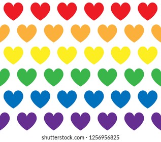 Vector seamless pattern of lgbt rainbow flag heart Isolated on white background 