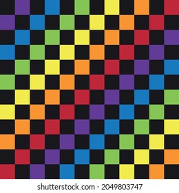 Vector seamless pattern of lgbt rainbow checkered chessboard texture isolated on black background