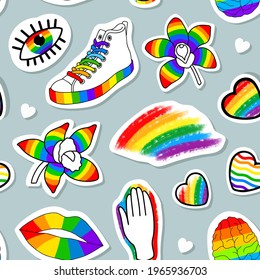 vector seamless pattern of lgbt stickers and symbols. hand drawn illustration for pride month. for backgrounds, wrapping paper, fabric
