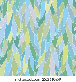 Vector seamless pattern of liana leaves in simple graphic style and pastel colors with thin white stroke