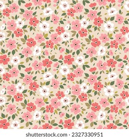 Vector seamless pattern. Liberty pattern in small flowers. Small white and coral pink flowers. Ivory background. Ditsy floral background. Delicate template for fashion prints. Stock vector.