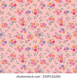 Vector seamless pattern. Liberty pattern in small flowers. Small off white and coral pink flowers. Ivory background. Ditsy floral background. Delicate template for fashion prints. Stock vector.