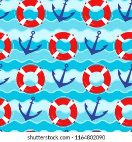 Vector seamless pattern with lifebuoy and anchor on wavy. For textile and fabric, cover, print on clothes. Fashion background. Cute marine wallpaper.