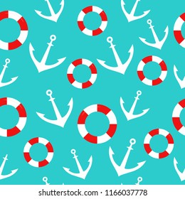 Vector seamless pattern with lifebuoy and anchor on backdrop of tiffany color. Cute summer background. For textile and fabric, cover, print on clothes. Colorful marine wallpaper.