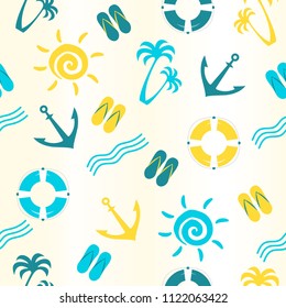 Vector seamless pattern with lifebuoy, sailboat, sun, palm tree, flip flops, anchor. Cute beach background. For textile and fabric, cover, print on clothes. Colorful marine wallpaper.
