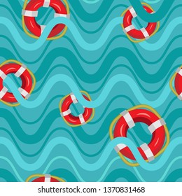 Vector seamless pattern of lifebuoys and waves. Pattern on blue backdrop. Vacation concept.