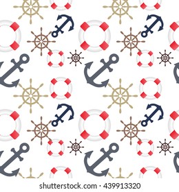 vector seamless pattern, lifebuoys,marine steering wheels and anchors. white background. vector illustration