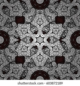 Vector seamless pattern with light antique floral medieval decorative, leaves and white pattern ornaments on brown background. Seamless royal luxury white baroque damask vintage.