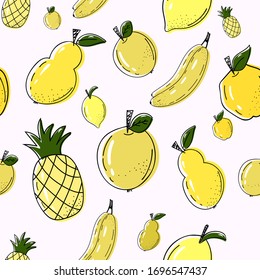 vector seamless pattern. A light backgroud with yellow fruits. Vector apple, pear, quince, pineapple, lemon