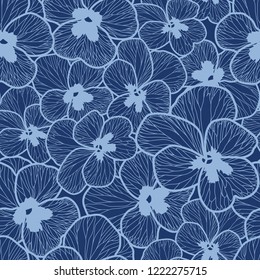 Vector seamless pattern with light blue pansy on a dark blue background.