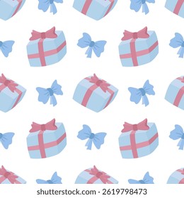 Vector seamless pattern with light blue gift boxes tied with pink ribbons and blue bows on a white background