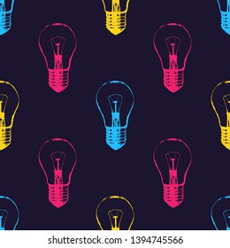 Vector seamless pattern with light bulbs. Modern hipster sketch style. Idea and creative thinking concept.