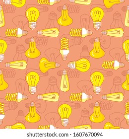 Vector seamless pattern with light bulbs. Hand drawn design.