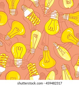 Vector seamless pattern with light bulbs. Hand drawn design.