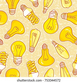 Vector seamless pattern with light bulbs. Hand drawn design.