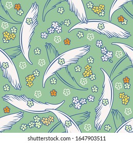 Vector seamless pattern with light feathers and flowers.