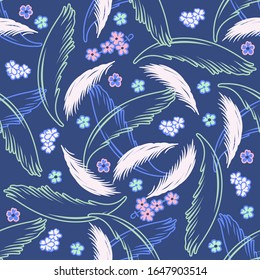 Vector seamless pattern with light feathers and flowers.