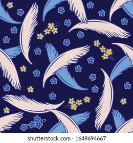 Vector seamless pattern with light feathers and flowers.