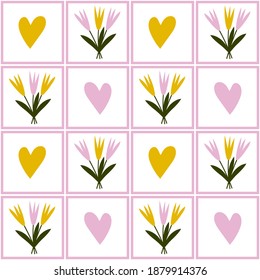 Vector seamless pattern. Light spring pattern with bouquets of tulips and hearts. Checkered pattern. Pink and yellow tulips and hearts. Pattern for Valentine's day, wrapping paper, textiles and more.