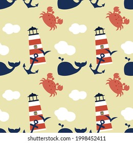 Vector seamless pattern with lighthouse and crab, cloud, whale for fabrics, paper, textile, gift wrap isolated on yellow background