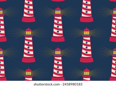 Vector seamless pattern of lighthouse in retro style. Marine pattern of lighthouses.