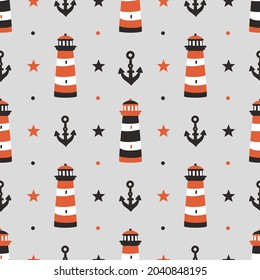 Vector seamless pattern with lighthouses, anchors, and stars. Marine repeated texture with sea elements. Nautical print for fabric and wrapping paper.
