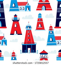 Vector seamless pattern with Lighthouses. Summer pattern, hand drawn illustration