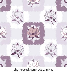Vector seamless pattern in lilac colors. Magnolia flowers and square spots. Design for printing on textiles, packaging, paper, wallpaper. 