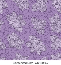 Vector seamless pattern with lilac pastel ornament. Tile in Eastern style. Ornamental lace tracery. Ornate swirls for wallpaper.Traditional arabic decor.Islamic, Dubai, East style template