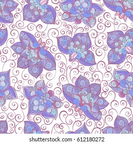 Vector seamless pattern with lilac pastel ornament. Tile in Eastern style. Ornamental lace tracery. Ornate swirls for wallpaper.Traditional arabic decor.Islamic, Dubai, East style template