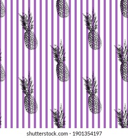 Patrón vectorial sin fisuras, rayas lilatas e imagen gráfica de piña realista. Para textiles, prendas de vestir y papel de envoltura.