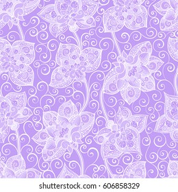 Vector seamless pattern with lilac and white ornament. Tile in Eastern style. Ornamental lace tracery. Ornate swirl geometrical decor for wallpaper.Traditional arabic decor.
